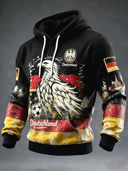 Herren schwarzes Vintage-deutsches Fußball-Adler-Print-Casual-Kapuzen-Sweatshirt