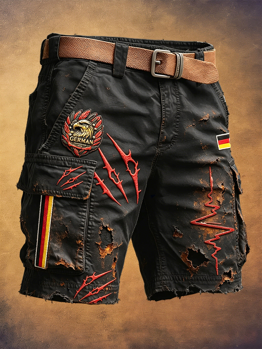 Herren schwarze deutsche Fußball-Retro-Shorts im Used-Look mit Aufdruck, lässig für die Arbeit