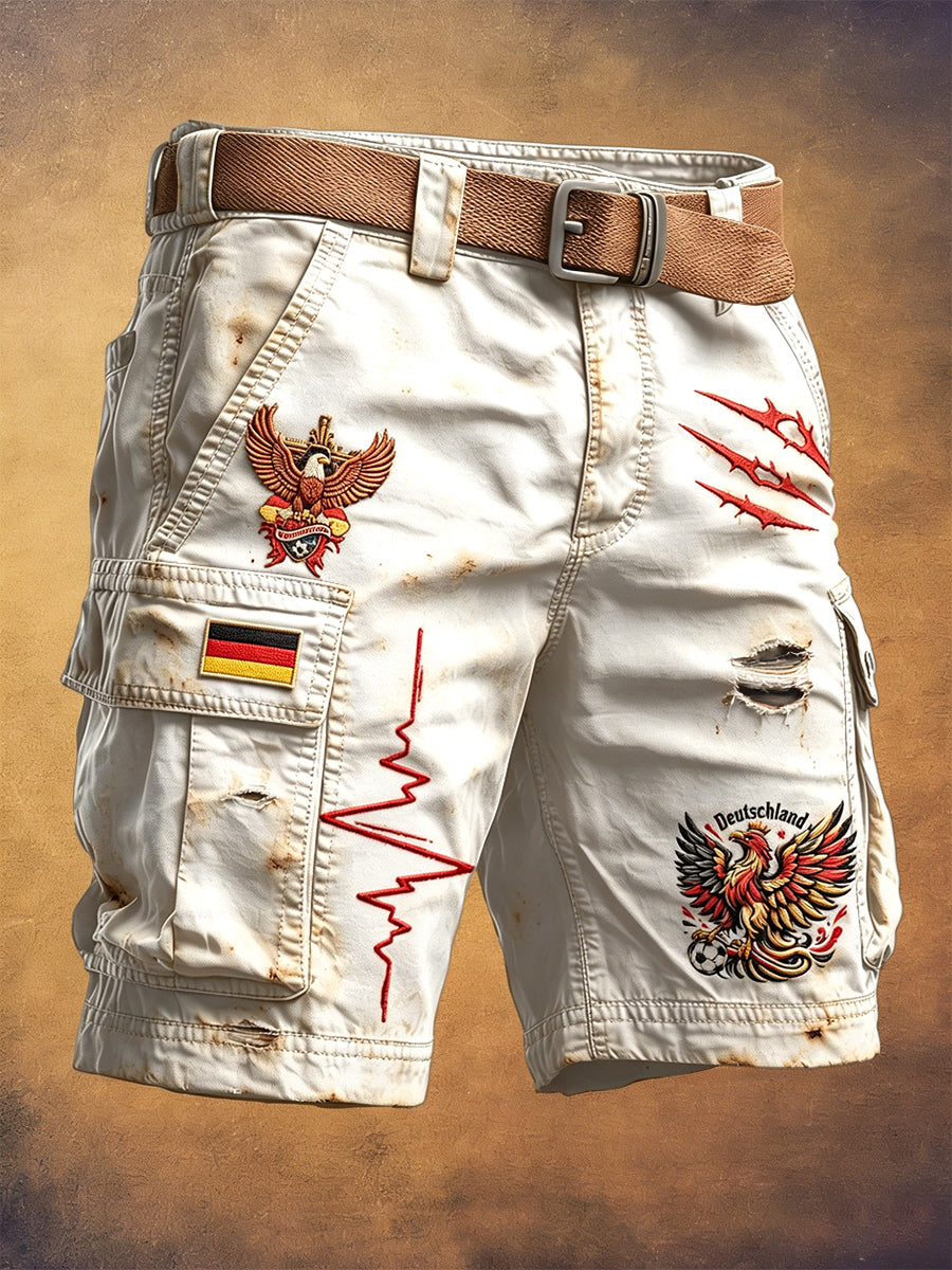 Herren Vintage weiße deutsche Fußball-Used-Print Freizeit-Arbeits-Shorts
