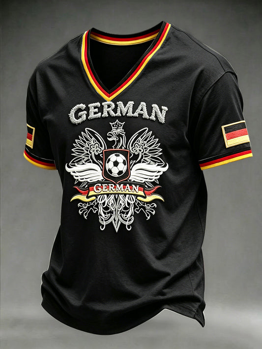 Herren Schwarz Deutscher Fußball-Print Freizeit V-Ausschnitt T-Shirt