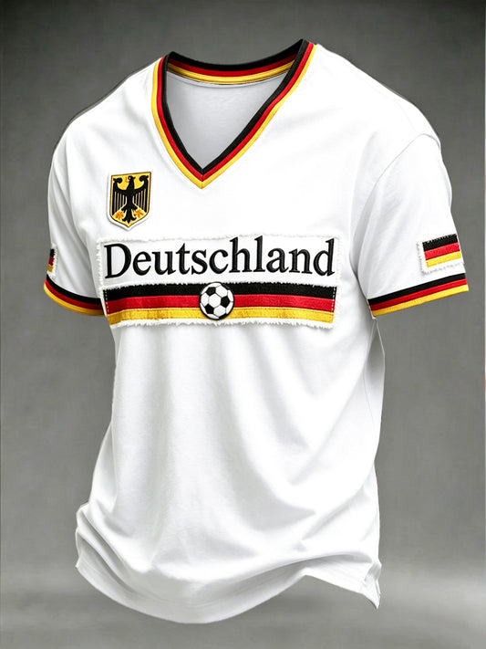 Herrenweißes Fußball-Patchwork-Print-Freizeit-T-Shirt mit V-Ausschnitt und deutscher Flagge
