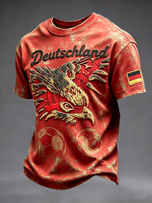 Herren-Vintage-Rot-Deutscher-Adler-Fußballdruck-Lässiges-T-Shirt