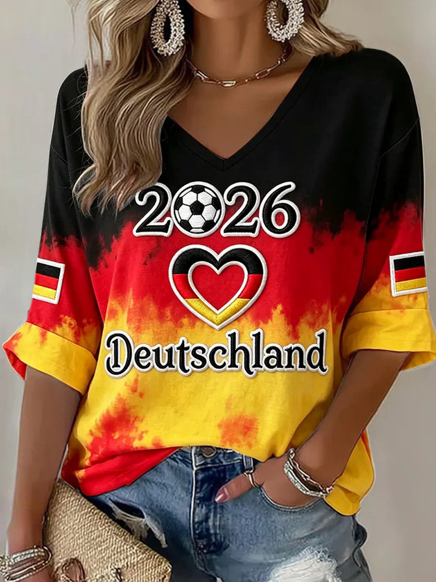 Damen-Fußballfan-T-Shirt mit V-Ausschnitt und Deutschland-Print
