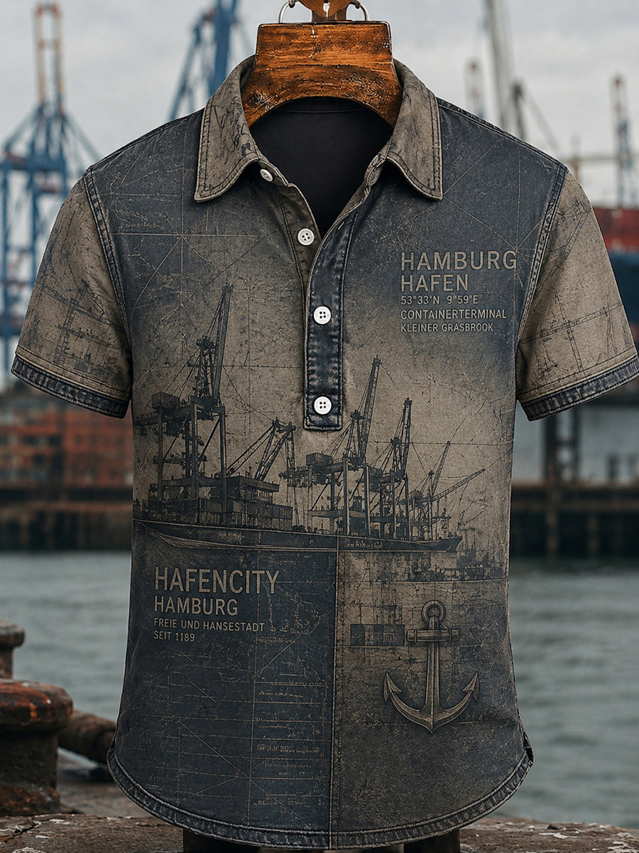 Herren-Lässiges Hemd im Retro-Stil mit Hafenmotiv aus Hamburg