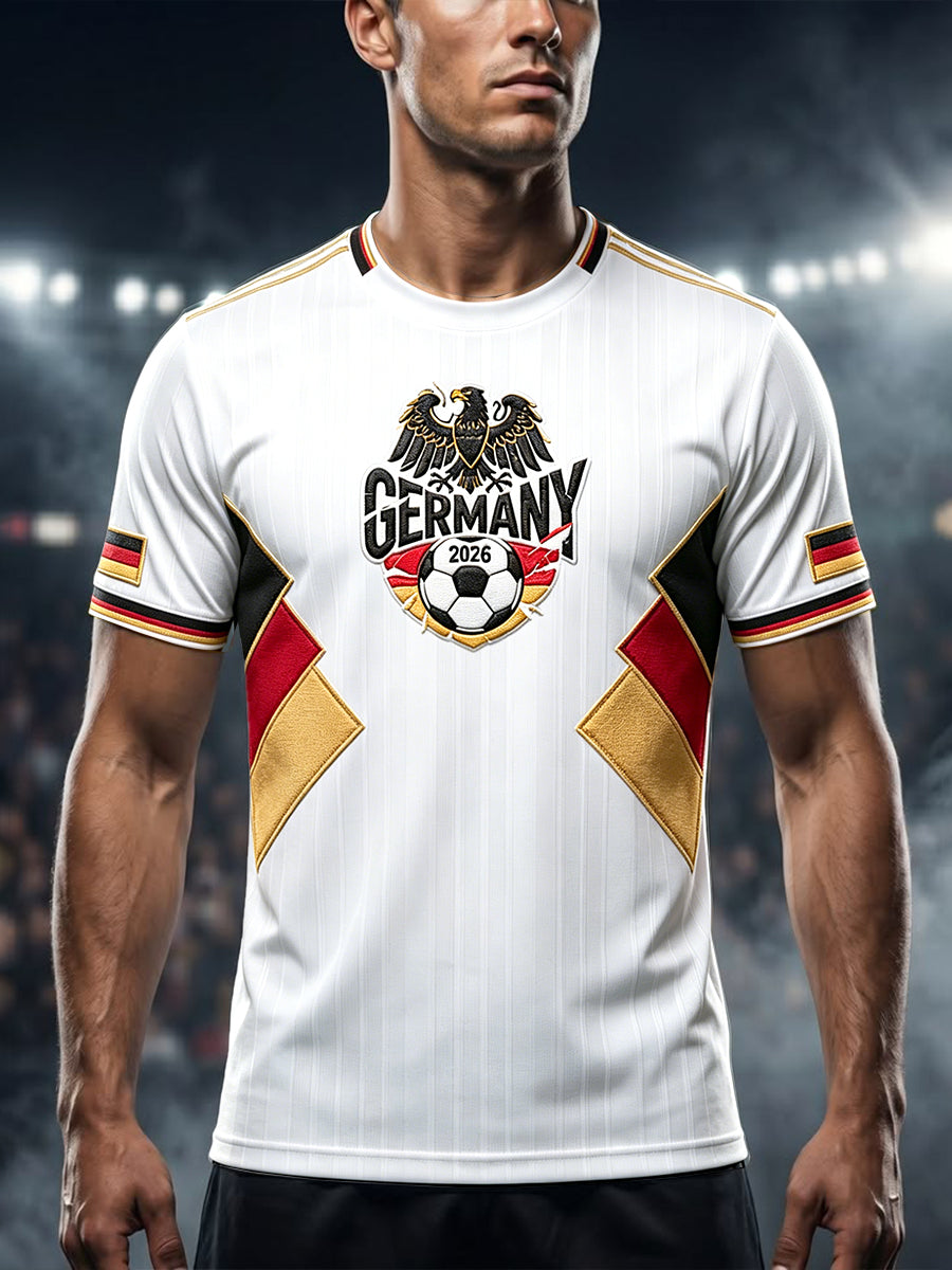 Herren-Weißes Freizeit-T-Shirt mit Fußballmotiv Deutschland 2026 und kurzen Ärmeln
