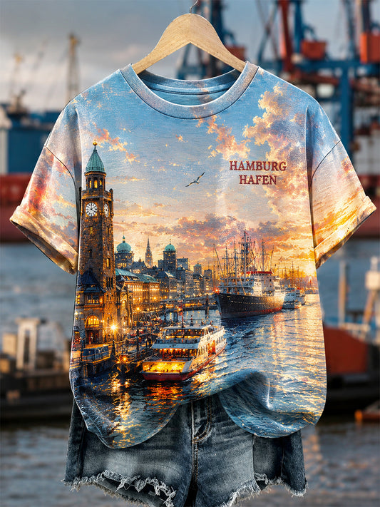 Frauen-Hamburg-Hafen-Kunstdruck-Lässiges T-Shirt