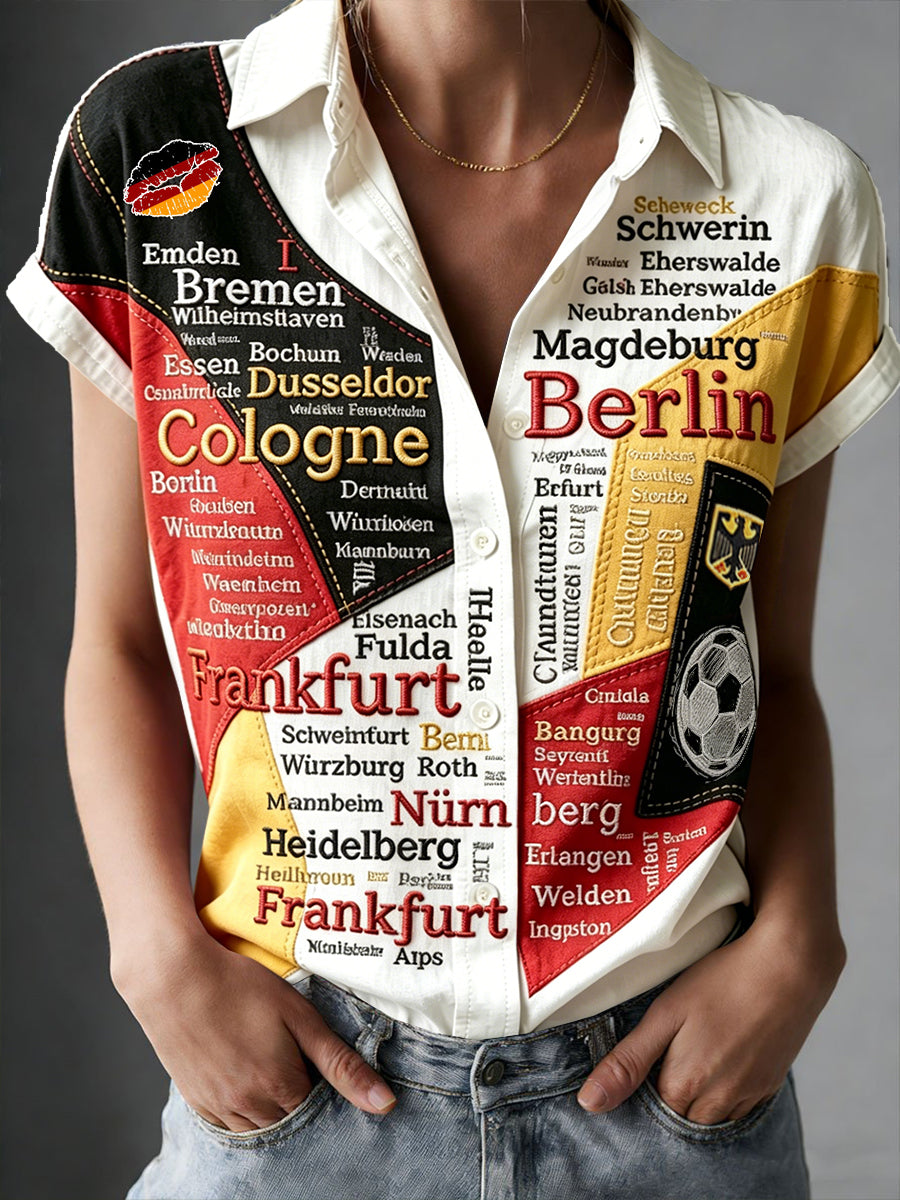 Damen-Deutschland-Fußball-Patchwork-Print-Lässiges Kurzarm-Shirt