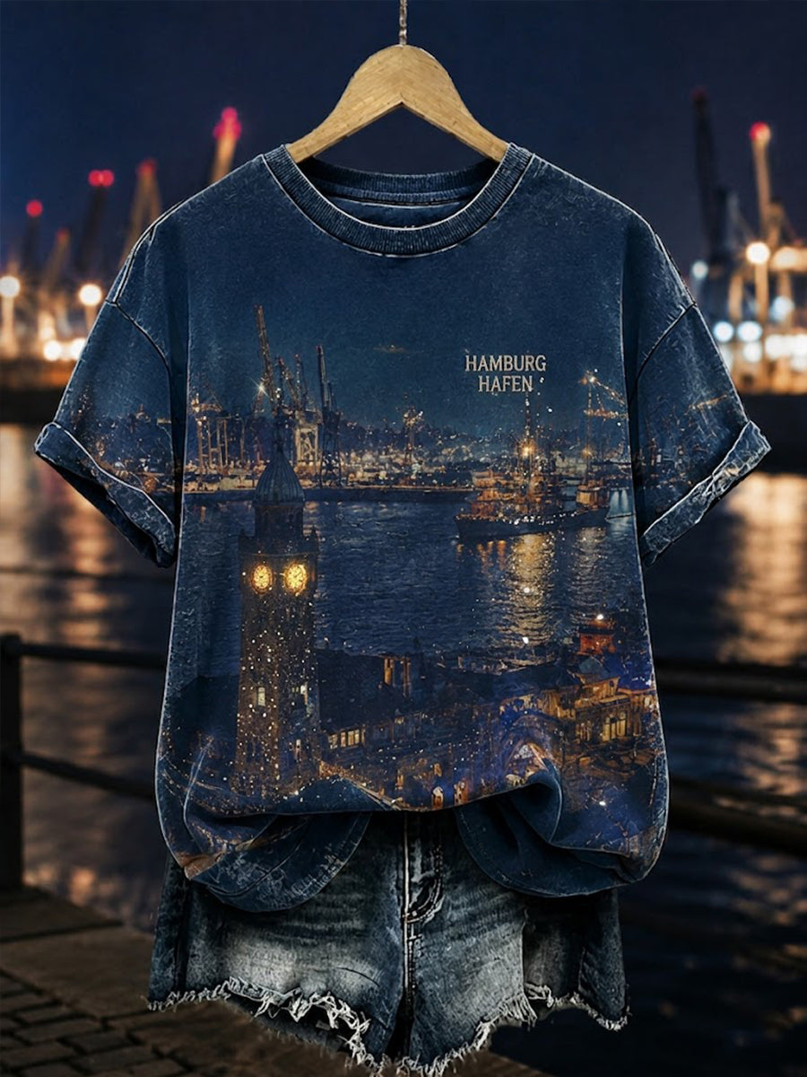 Frauen-Hamburg-Hafen-Kunstdruck-Lässiges T-Shirt