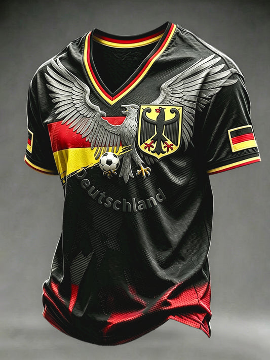 Herren-T-Shirt in Schwarz mit deutschem Fußball-Adler-Print, lässig, V-Ausschnitt