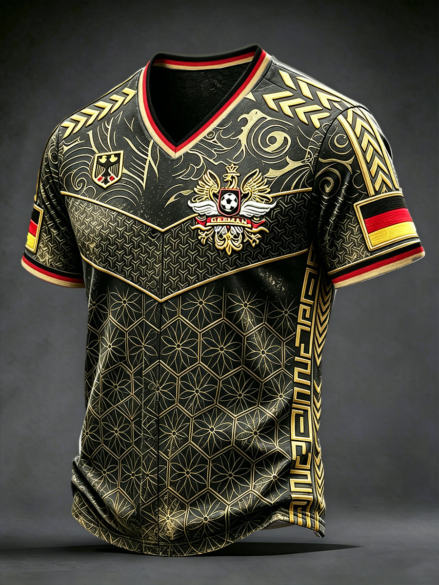 Herren-T-Shirt in Schwarz mit deutschem Fußballmotiv, lässig im Retro-Stil, V-Ausschnitt