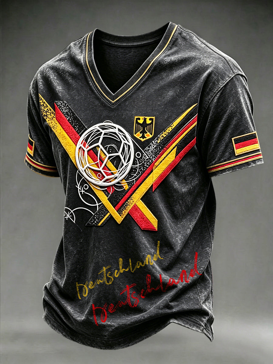 Herren T-Shirt in Schwarz, Vintage-Football-Design mit Deutschland-Print, lässig, V-Ausschnitt