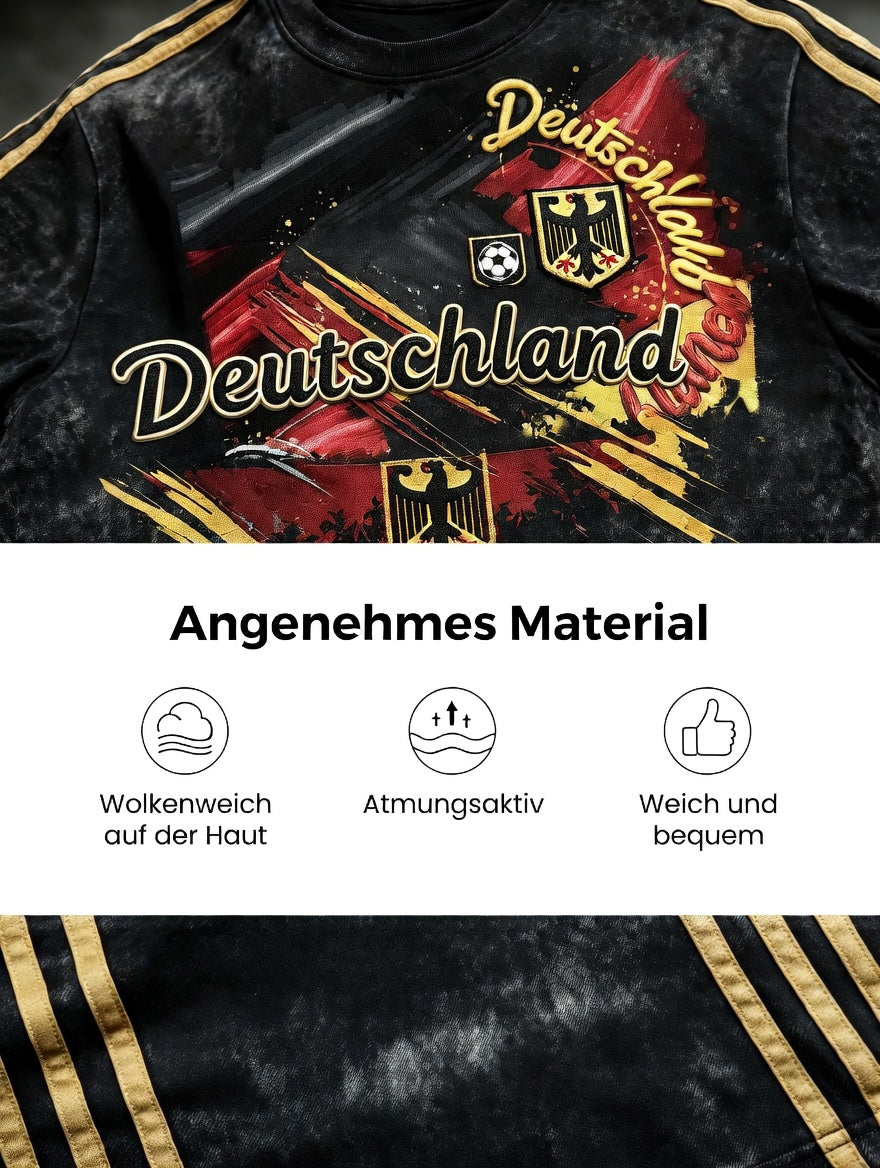 Herren-T-Shirt in Schwarz mit klassischem deutschen Fußball-Print, lässiger V-Ausschnitt