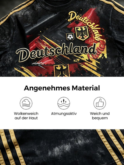 Herren-T-Shirt in Schwarz mit klassischem deutschen Fußball-Print, lässiger V-Ausschnitt