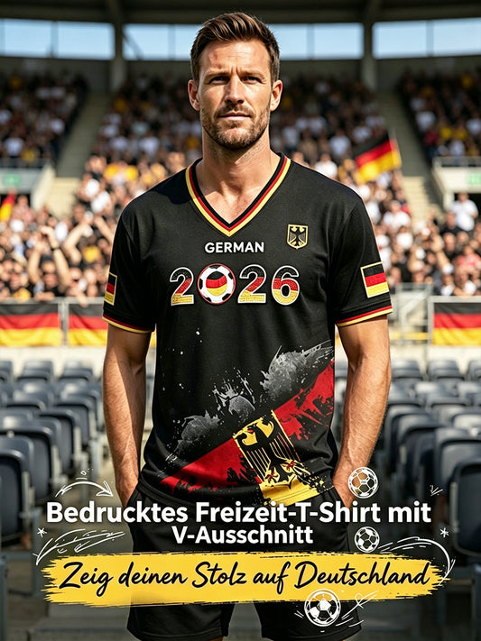 Herren-T-Shirt 2026 schwarz Fußball Deutschland-Print lässig V-Ausschnitt
