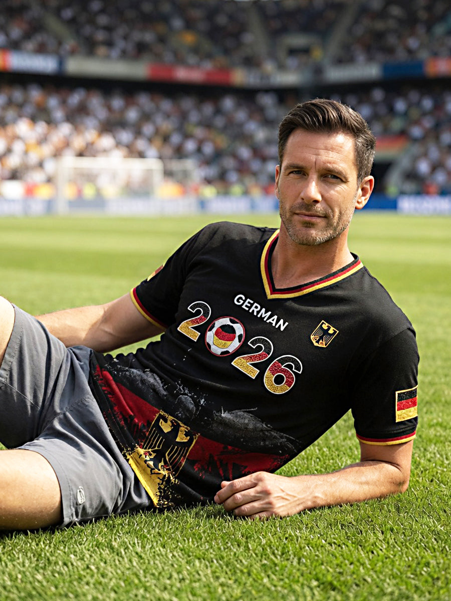 Herren-T-Shirt 2026 schwarz Fußball Deutschland-Print lässig V-Ausschnitt