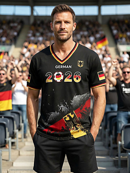Herren-T-Shirt 2026 schwarz Fußball Deutschland-Print lässig V-Ausschnitt