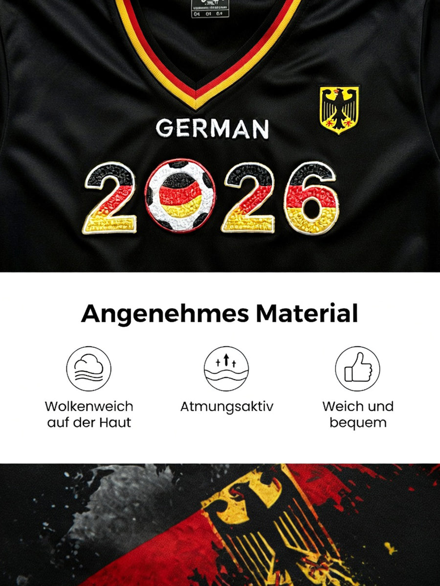 Herren-T-Shirt 2026 schwarz Fußball Deutschland-Print lässig V-Ausschnitt