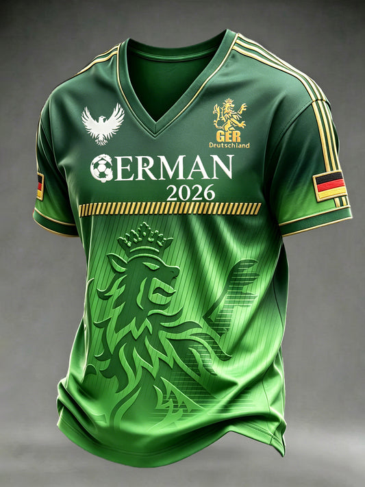 Herren-T-Shirt in Grün, Deutschland-Design 2026, lässig mit V-Ausschnitt und Fußball-Print
