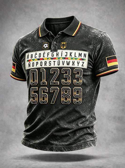 Herren-Vintage-Poloshirt in Schwarz mit deutschem Fußball-Print, lässiger Stil