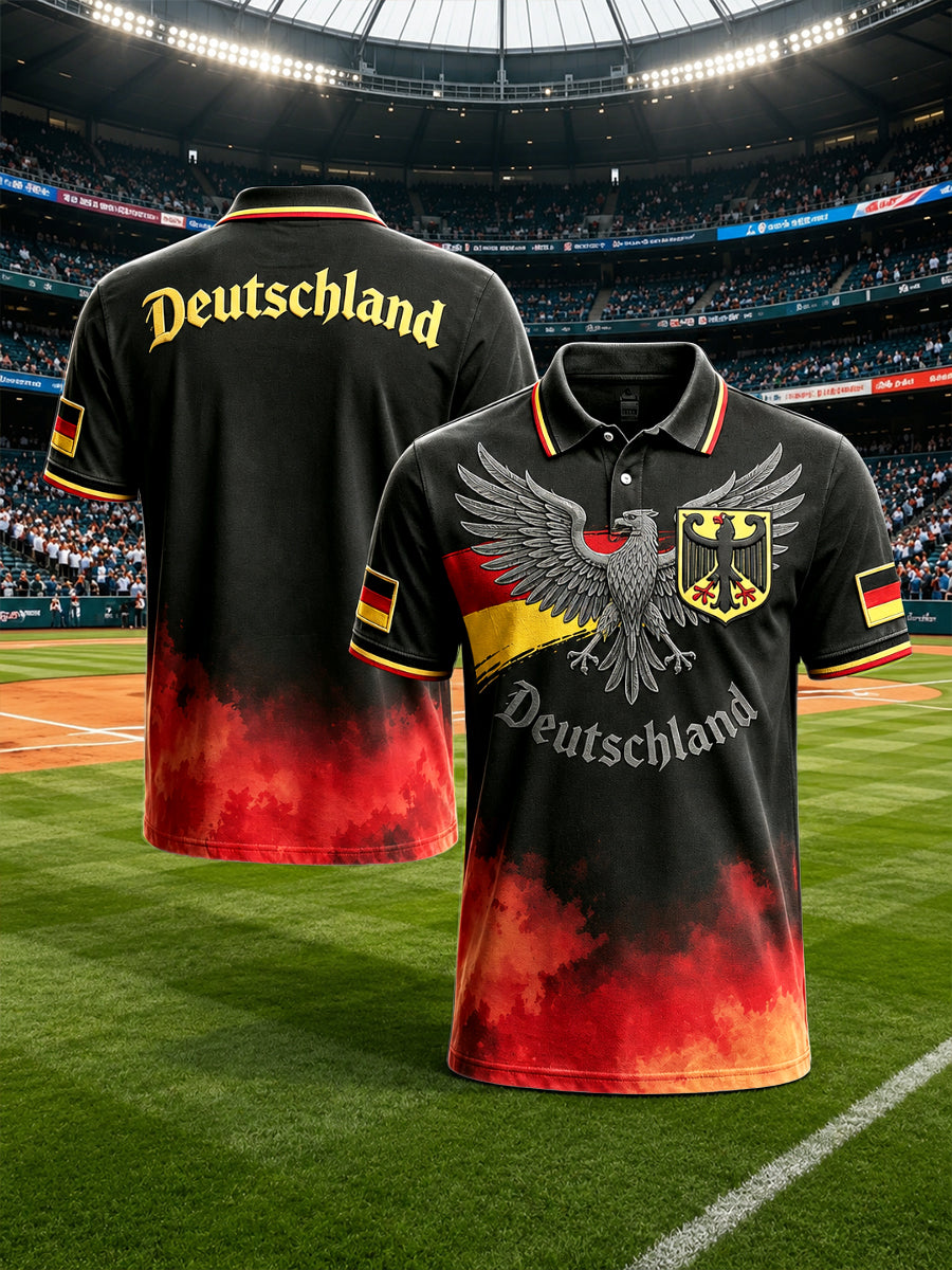 Herren-Poloshirt in Schwarz mit deutschem Fußball-Verlaufsmotiv, lässiger Stil