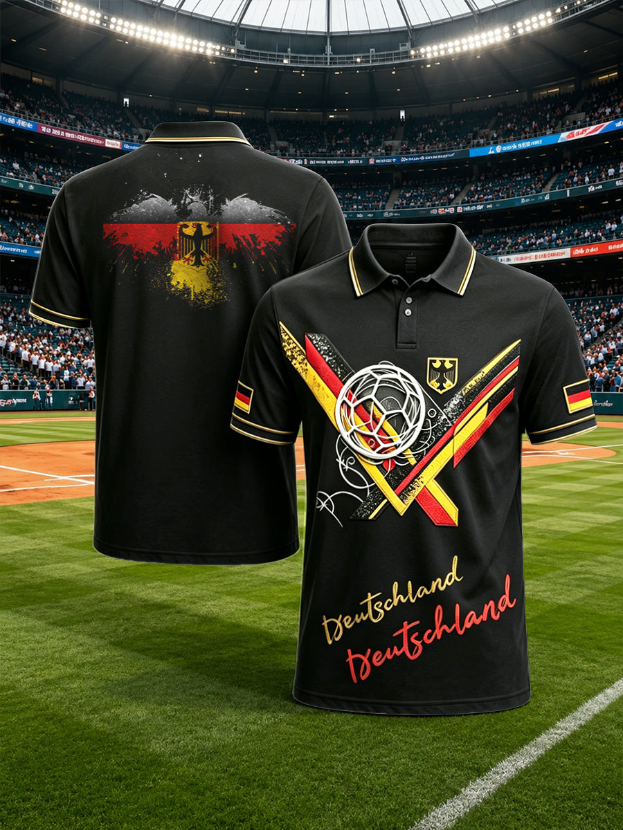 Herren-Poloshirt in Schwarz mit deutschem Fußball-Print, lässig und im Retro-Stil