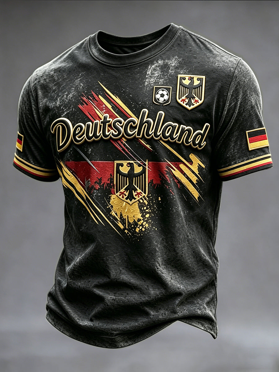 Herren-T-Shirt im Vintage-Stil, schwarz, lässig, mit deutscher Flaggen-Football-Print-Optik