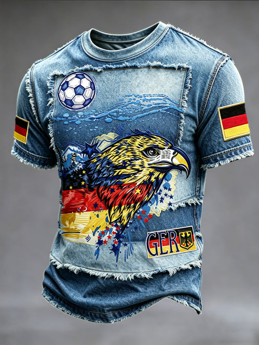 Herren-Casual-T-Shirt im Denim-Optik-Patchwork-Stil mit deutschem Adler-Graffiti-Fußballmotiv