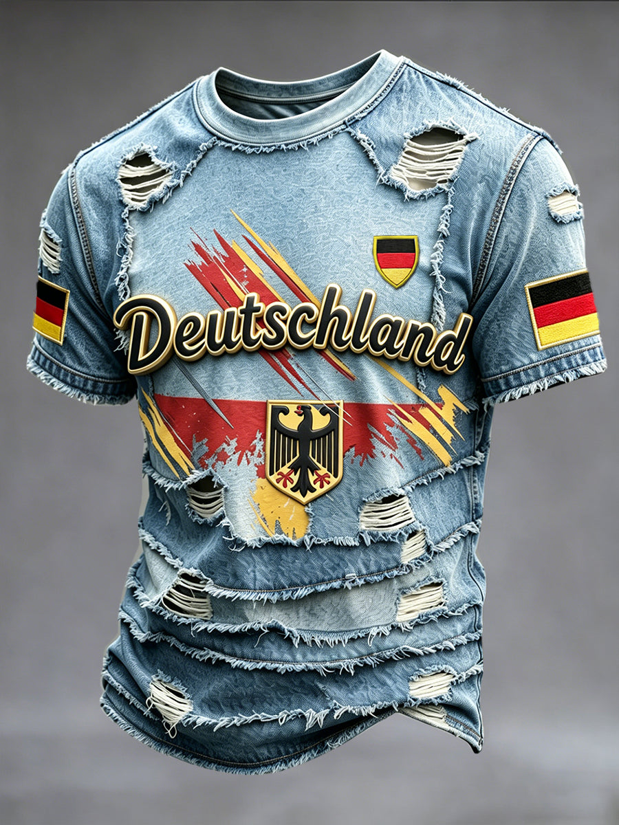 Herren-Casual-T-Shirt im Denim-Optik-Patchwork-Stil mit deutschem Fußballmotiv