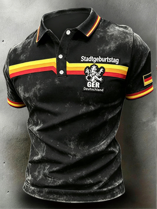 Herren-Poloshirt in Schwarz mit Retro-München-Streifen, lässiger Stil