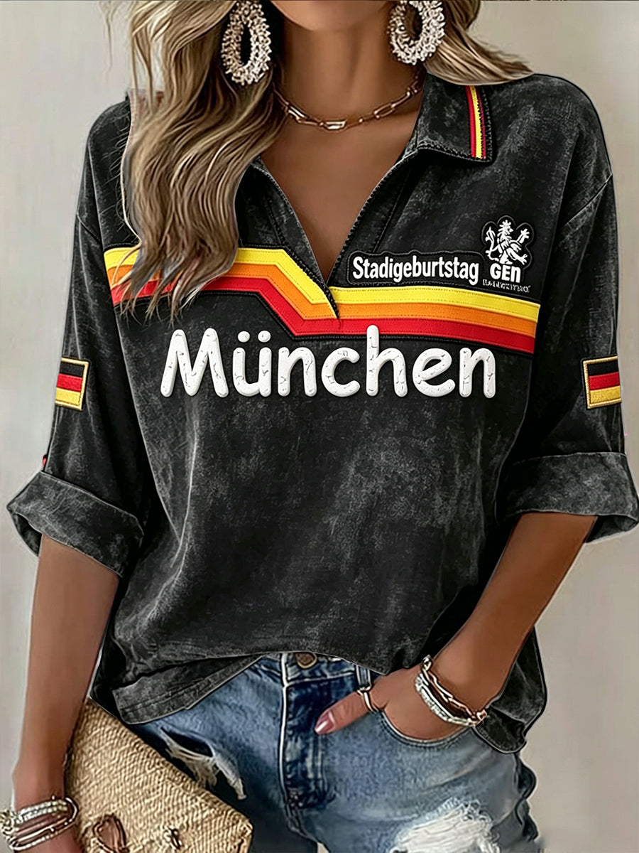 Damen-T-Shirt in Schwarz mit deutschem München-Print, lässiger V-Ausschnitt