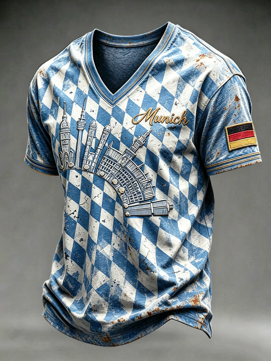 Herren-T-Shirt im Vintage-Stil mit deutschem Münchner und bayerischem Karomuster, lässig, mit V-Ausschnitt