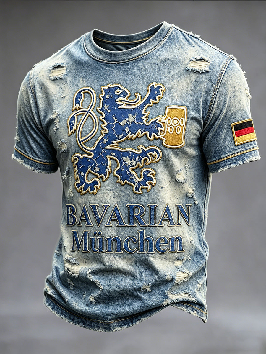 Herren-T-Shirt in deutschem Münchner Bayern-Stil mit Jeans-Print, lässig geschnitten