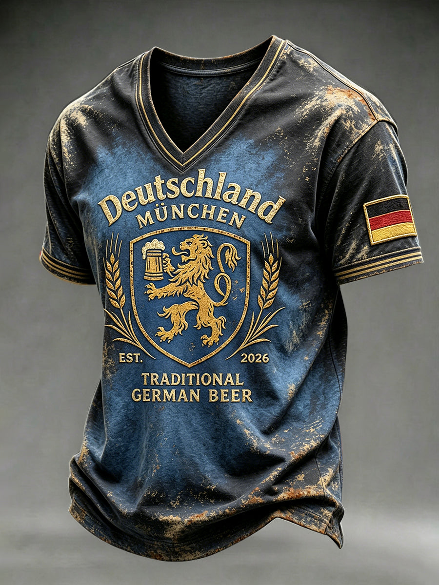 Herren-Vintage-Casual-T-Shirt mit Münchner-Print und V-Ausschnitt