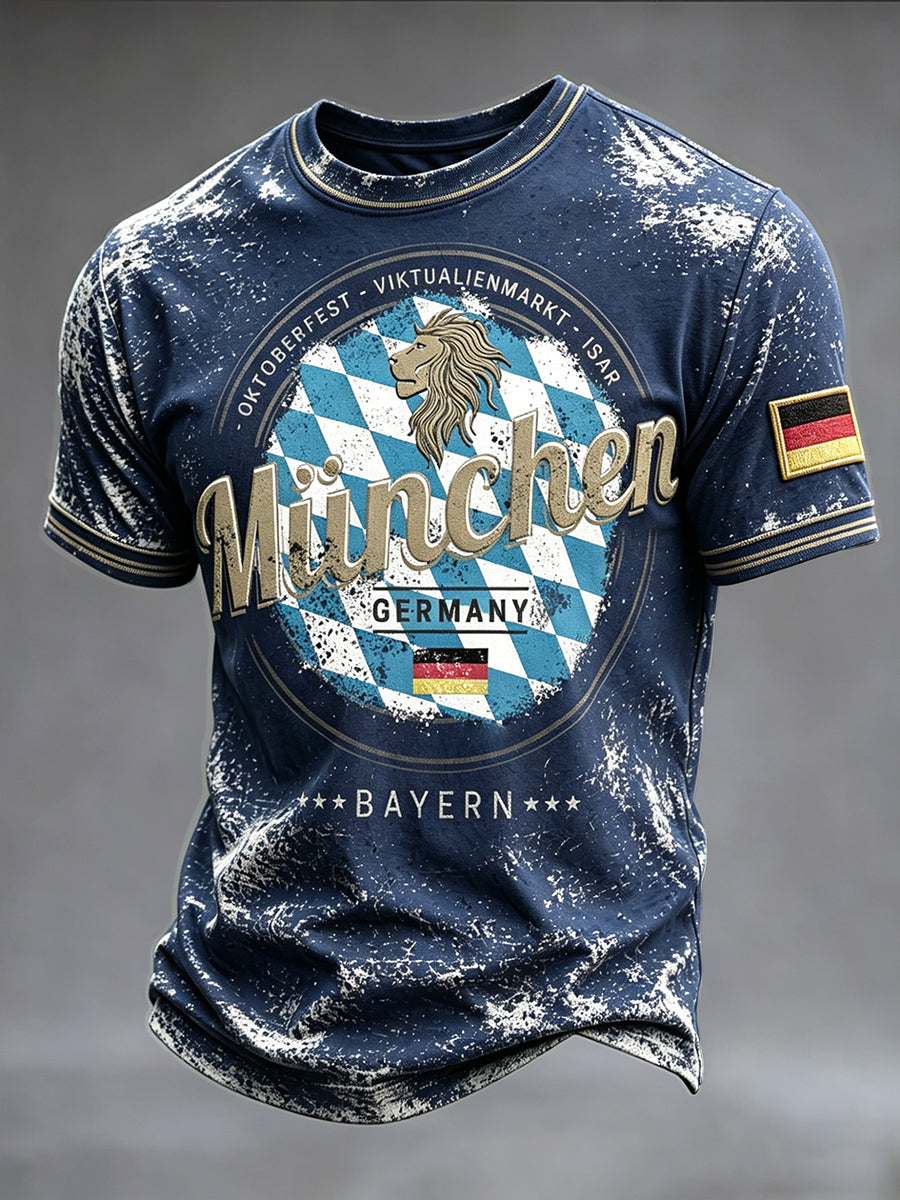 Herren-T-Shirt in Tiefblau mit deutschem Münchner Bayern-Print, lässig geschnitten