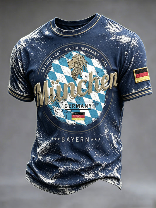 Herren-T-Shirt in Tiefblau mit deutschem Münchner Bayern-Print, lässig geschnitten