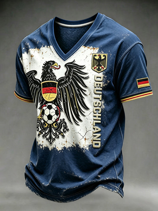 Herren-Vintage-T-Shirt in Marineblau mit deutschem Fußball-Print und V-Ausschnitt, lässiger Stil