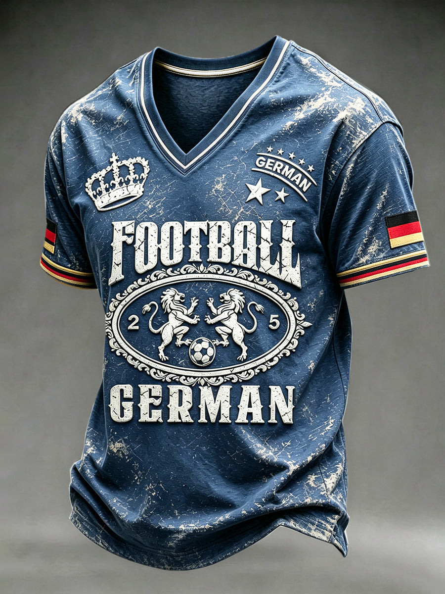 Herren-T-Shirt in Tiefblau mit deutschem Fußballmotiv, lässiger V-Ausschnitt