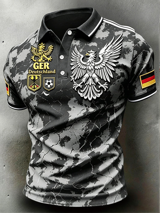 Herren-Poloshirt in Schwarz, deutsches Vintage-Design mit 3D-Druck, lässig geschnitten
