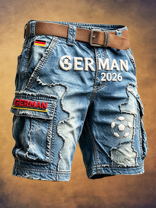 Herren-Casual-Arbeits-Shorts im deutschen Fußball-Stil mit Denim-Print, Modelljahr 2026