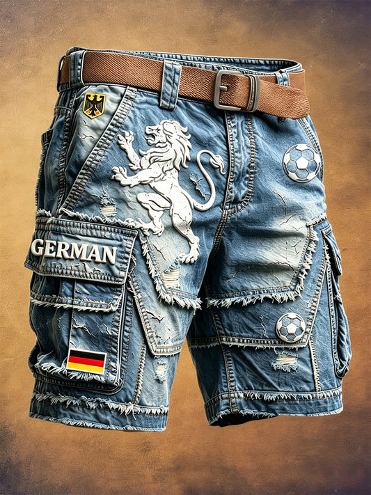 Herren-Shorts im deutschen Fußballstil mit Denim-Patchwork-Print, lässig und retro, für die Arbeit geeignet