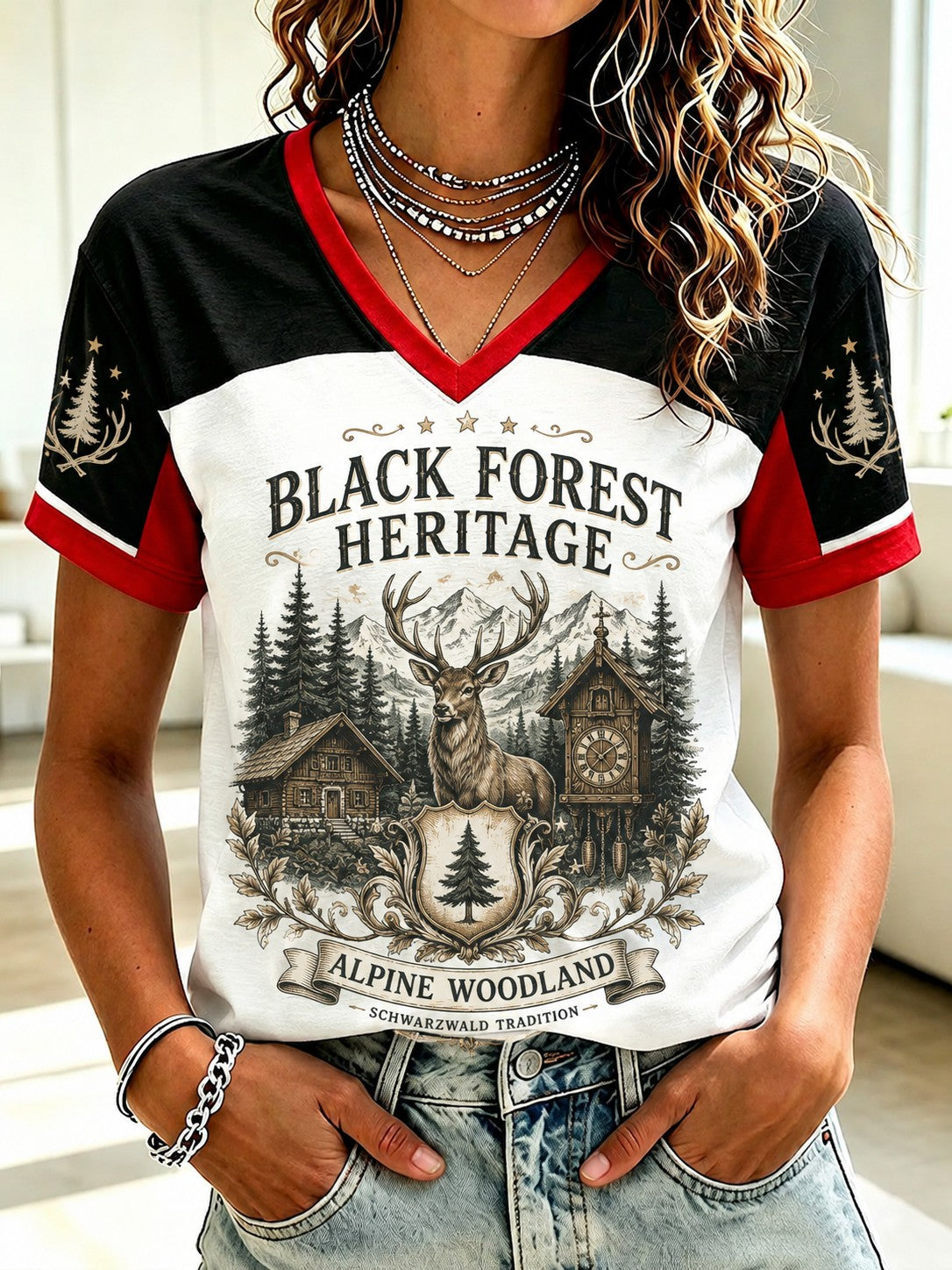 Damen-T-Shirt aus Deutschland im Schwarzwald-Stil mit V-Ausschnitt und Vintage-Print