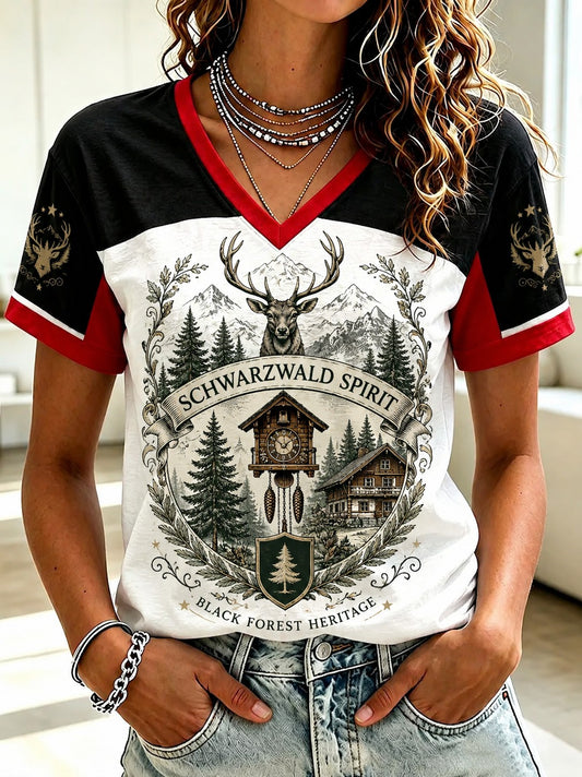 Damen-T-Shirt aus Deutschland im Schwarzwald-Stil mit V-Ausschnitt und Vintage-Print