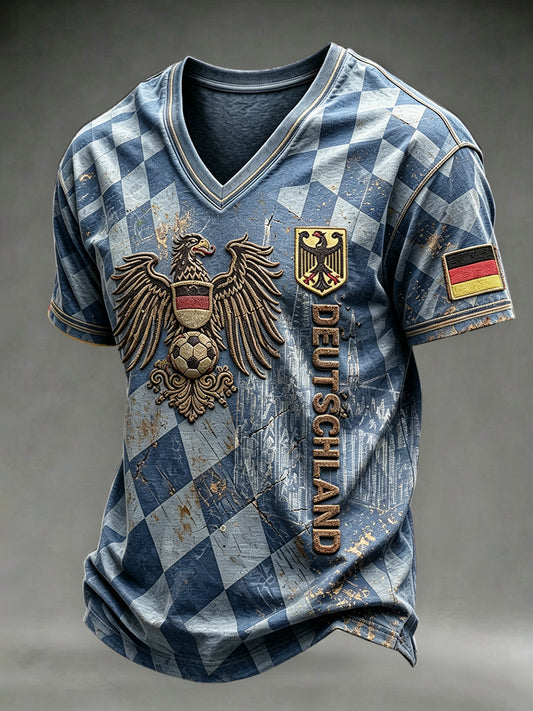 Herren-T-Shirt in Blau mit deutschem Fußball-Karomuster und V-Ausschnitt, lässig geschnitten