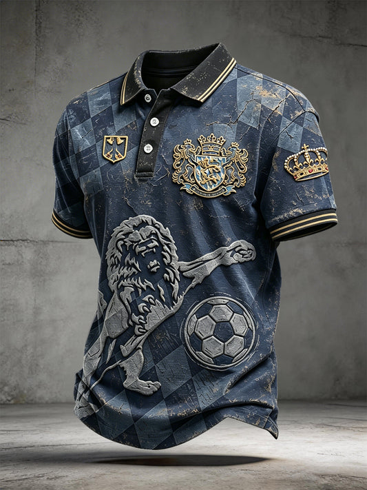 Herren-Poloshirt in Tiefblau mit deutschem Fußball-Karomuster, lässiger Stil