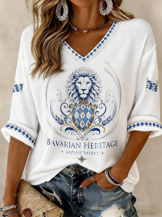 Damen-T-Shirt mit bayerischem Löwen-Print, mittellange Ärmel und V-Ausschnitt