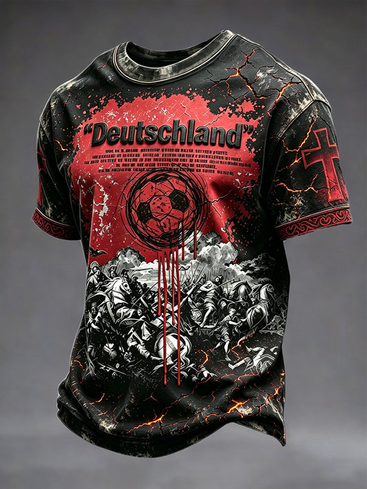 Herren-T-Shirt in Schwarz mit deutschem Ritter- und Fußballmotiv im gotischen Stil, lässig geschnitten