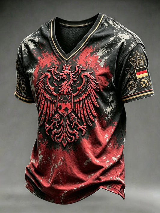 Herren-T-Shirt im Dark-Style mit deutschem Fußball-Eagle-Print und V-Ausschnitt, lässig geschnitten