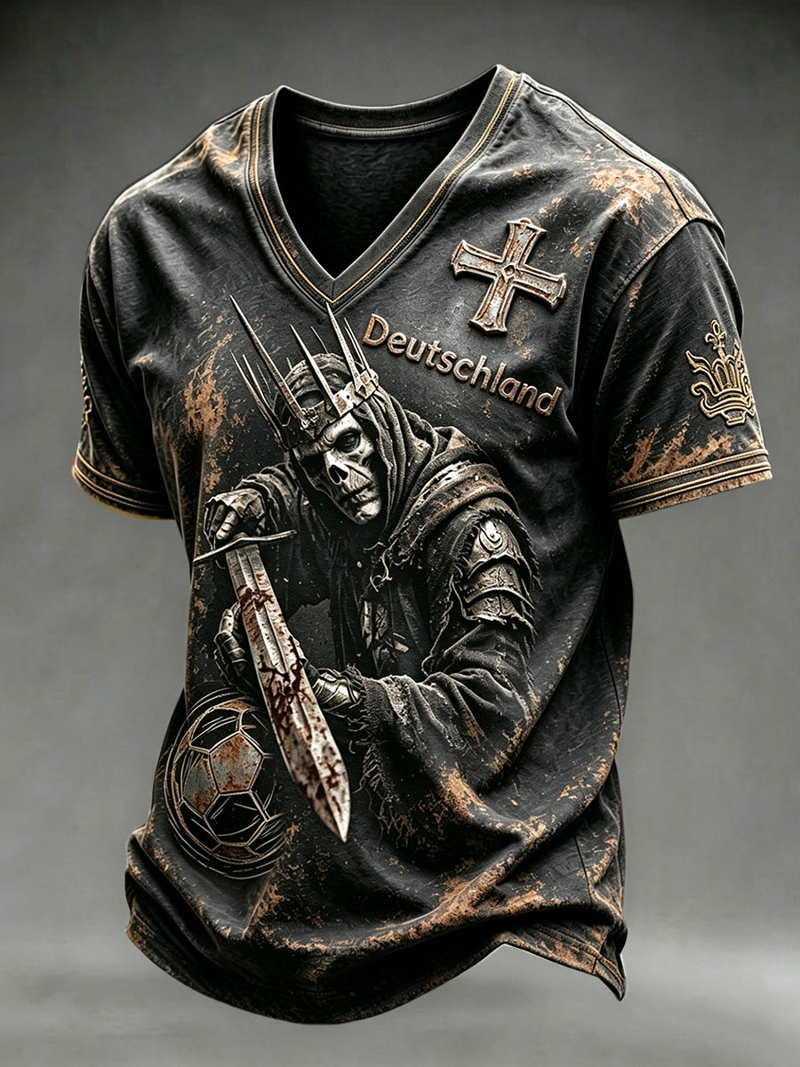 Herren-T-Shirt mit V-Ausschnitt, lässig, bedruckt mit deutschem Fußball-Skelett-Ritter im Dark-Style