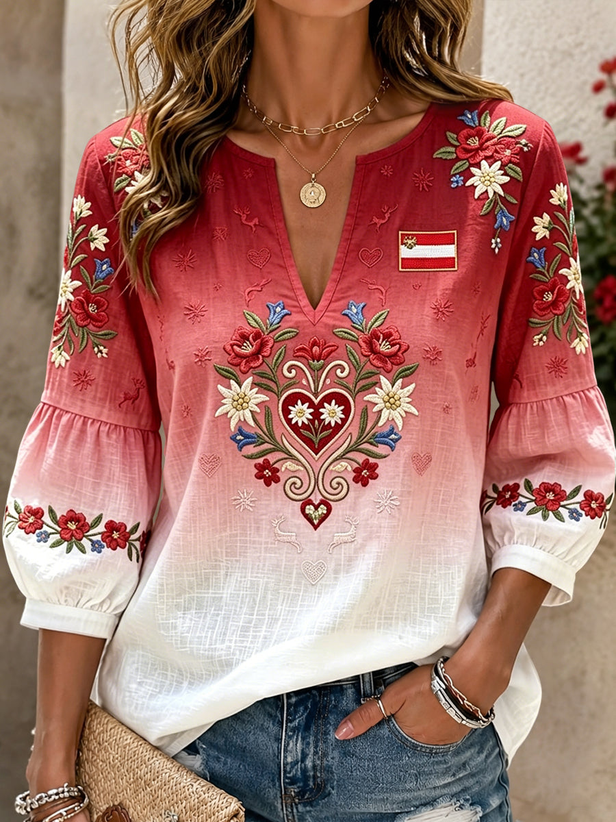 Damen Vintage Alpine Rose Lässiges Baumwoll-Leinen mit V-Ausschnitt
