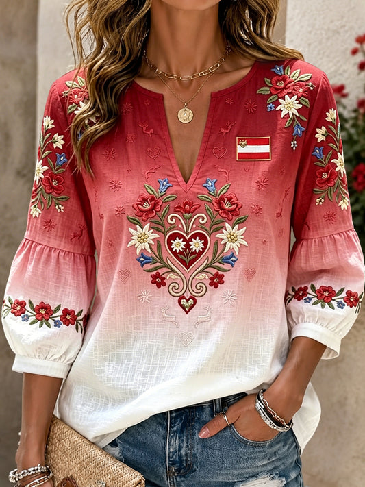 Damen Vintage Alpine Rose Lässiges Baumwoll-Leinen mit V-Ausschnitt